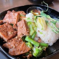 Main dish - Sticky rice, fake meat and sautéed vegetables at Thai Vegan Kitchen in Helsinki