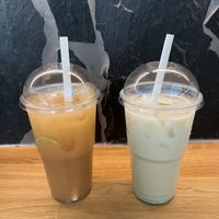 Mango tea and iced matcha latte  at Thai Vegan Kitchen in Helsinki
