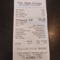 Bill at Thai Vegan Kitchen in Helsinki