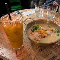 Burmese chickpea soup and Thai milk tea at Thai Vegan Kitchen in Helsinki