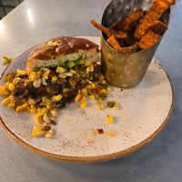 Elotes Burger w/Sweet Potato fries at North High Brewing Co in Dublin