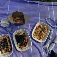 from left to right: ninja roll, miso soup, spider hand roll, shrimp hand roll, spam nigiri, gyoza, crunchy cali roll  at Kensho in Yorba Linda