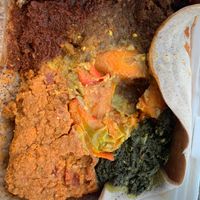 Green lentils, and a red spicy sauce  at Injera in Copenhagen