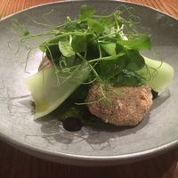 Cauliflower Spinach Cakes: Semolina crumbed with tofu filling, bok choy, salsa verde & black garlic cream at Hectors Restaurant in Auckland