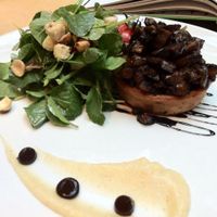 Mushroom tartlet: Cumin and parsnip puree, black garlic, tatsoi, crouton and hazelnut salad. (And the mushrooms had a layer of caramelised onion inside.) at Hectors Restaurant in Auckland