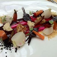 Macadamia cheese and poached baby vegetable salad: Beet paint, dates, dehydrated black olive, celeriac flakes  at Hectors Restaurant in Auckland