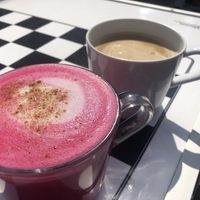 Beetroot latte and flat white  at Honeymans of Bowburn in Durham