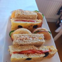 Cream cheese cucumber, focaccia with tomato and chuna sweetcorn at Honeymans of Bowburn in Durham
