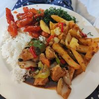 Vegan chicken black bean, crispy chilli vegan beef, salt and pepper chips, crispy seaweed and boiled rice at Woks Bar and Restaurant in Brandon
