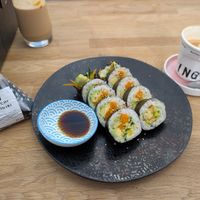 Kimchi onigiri, veggie kimbap and a (part drunk!) oat flat white at Bento Factory in Winchester