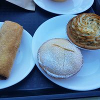 Veg sausage roll, chickpea & curried veg pie and an apple rhubarb pie. at Mountain High Pies in Wentworth Falls