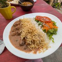 Lasagna in the back, stroganoff in the front at Girassol Veg in Florianopolis