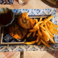 Vegan burgers w/ frenchfries and hot sause at The Passing in Crete