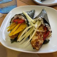 Vegan te makis with cucumber, strawberry and mango. Unexpected but extremely tasty at Emoji Sushi Bar in Rio Tinto