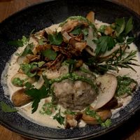 Pretzel-„Knödel“ with mushrooms ans pears  at Landwehr - Bräu am Turm in Rothenburg Ob Der Tauber
