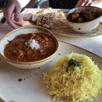 Butter “chicken”, tofu bhuna, garlic naan and pilau rice  at Thindi in Phibsborough