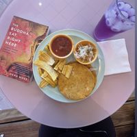 Red bean pupusas and butterfly pea tea (a must!)  at Miss Chickpea's Cafétal in San Antonio