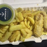 Vegan battered sausages and chips  at Athena B in Portslade