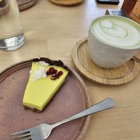 Lemon tart and matcha latte with oat milk at Kafírnictví in Kutna Hora