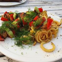 Grilled vegetables with curly fries at Forteca in Uciechow