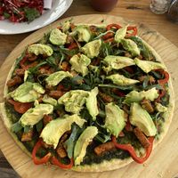Vegan Pizza with Pesto, Tempeh and Avocado   at The Fifth Dimension in San Pedro La Laguna