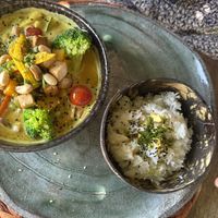 Curry de verduras con arroz jazmín y tofu  at Esfigueral in Ibiza