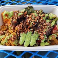 Sweet potato, quinoa, summer hash, broccoli, fritters, spicy avocado, and cruchies at Maepole in Atlanta