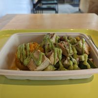 Sweet potato, bean salad, cucumber salad, tofu, and spicy avocado sauce at Maepole in Atlanta
