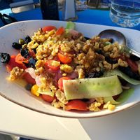 Greek salad, without feta, added walnuts  at Apagio Taverna in Poros