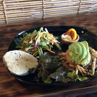 Teriyaki veg burger on a hemp pancake at Magokoro in Kamakura