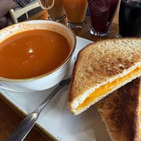 Tomato soup with vegan grilled cheesee  at Good Morning in Las Vegas