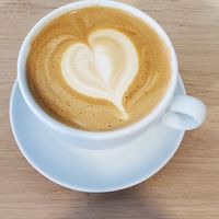 Oat milk Cappuccino with Heart Art at Whitebark Cafe in Banff