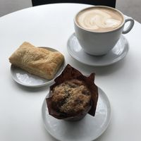 Large latte, spinach-tofu pastry and GF muffin for 16 CAD  at Whitebark Cafe in Banff