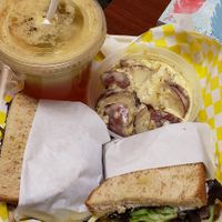 White bean club sandwich with potato salad and Big Apple juice.  at Juicy's Wellness Cafe in Cookeville