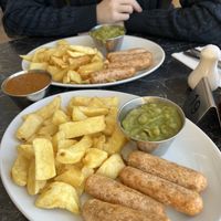 Vegan sausage and chips   at Neptune Fish Restaurant in Seahouses