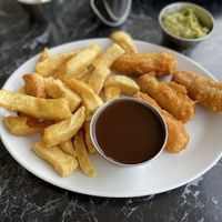 Vegan sausages with batter and fries - Neptune, Seahouses  at Neptune Fish Restaurant in Seahouses