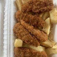 Vegan chicken strips and chips  at Neptune Fish Restaurant in Seahouses