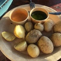 Potatoes with two types of mojo picón sauce, both vegan  at Chiringuito PataPalo in Arousa