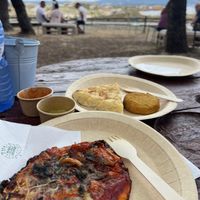 Pizza, tortilla y torta de zanahoria   at Chiringuito PataPalo in Arousa