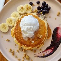 Vego choc spread pancakes (Vegan nutella pancakes) at Enoki Coffee & Co in Stafford Heights