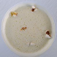 Second amuse: corn soup at A La Chaume de mon Pere in Gerardmer