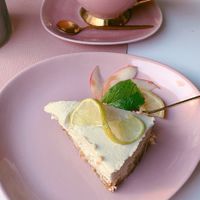 Vegan lemon cheesecake and soy cappuccino  at Fit Cake in Kolobrzeg