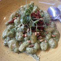 Homemade gnocchi with vegan pesto, sun dried tomatoes and pine nuts   at Stég Pub Pizzéria in Tihany