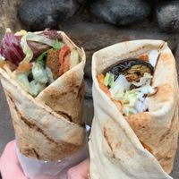 Falafel wraps: on left with mango chutney, on right with hot sauce and aubergine  at Taste of Cambridge - Food Van in Cambridge