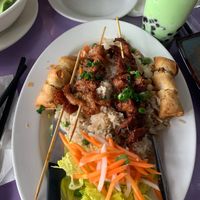 Vegan fried pork fried rice and “egg” rolls  at Pho Vina in Burien