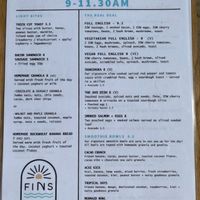 Breakfast/brunch menu  at Fins Beach Cafe in Sandown