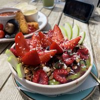 Summer strawberry matcha bowl   at Fins Beach Cafe in Sandown