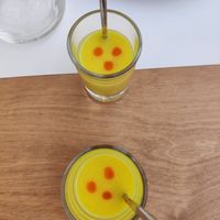 Amuse bouche (corn soup with chilly oil) at 5SENSES Restaurant in Santorini