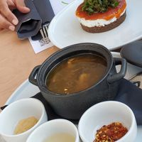 Greek Patsas Soup and Cheese on the Rocks appetizers at 5SENSES Restaurant in Santorini