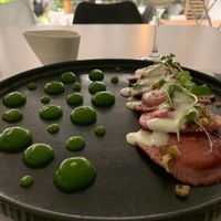 Ravioli with vegan (or real feta) drizzle and pear gel at 5SENSES Restaurant in Santorini